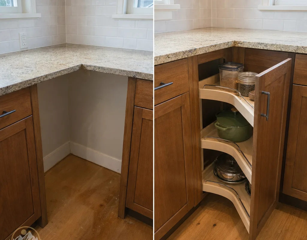 Before-and-after view of an unused kitchen corner transformed with an accessible corner cabinet solution