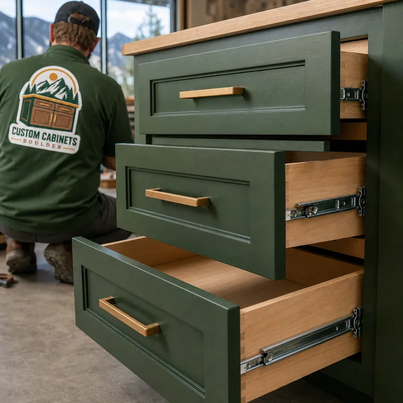 Close-up of a cabinet drawer bank with tight reveals, soft-close hardware, and durable interior finish