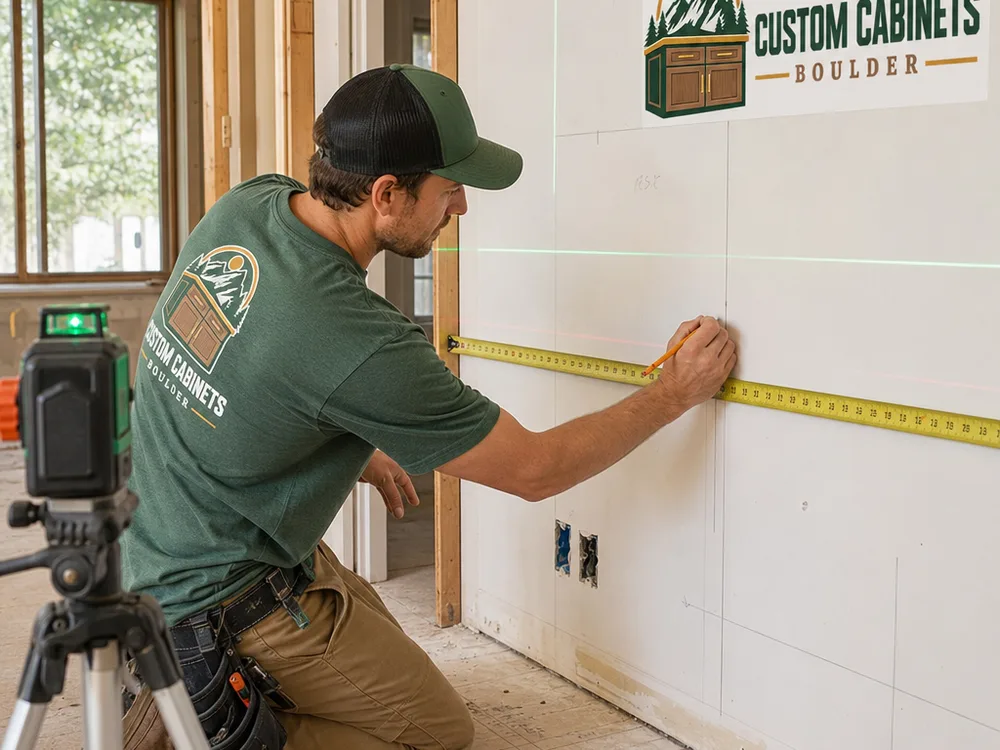 Craftsperson measuring and marking cabinet layout lines in a Boulder home before installation