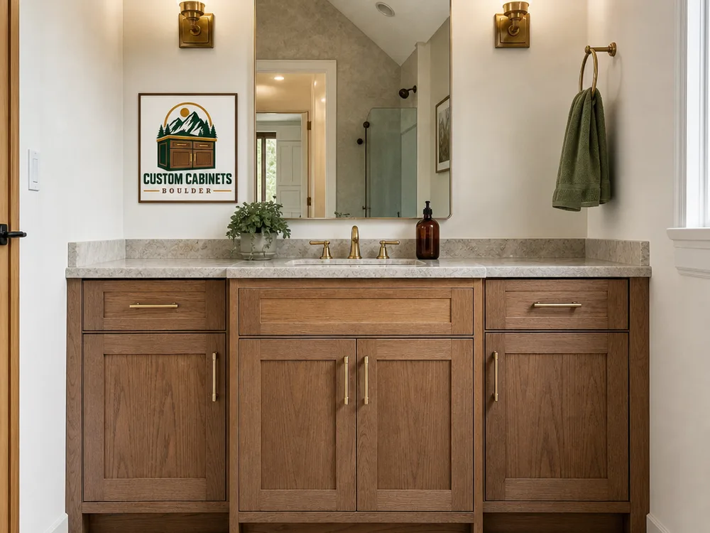Custom bathroom vanity with a centered sink base, matching side cabinets, and finished end panels