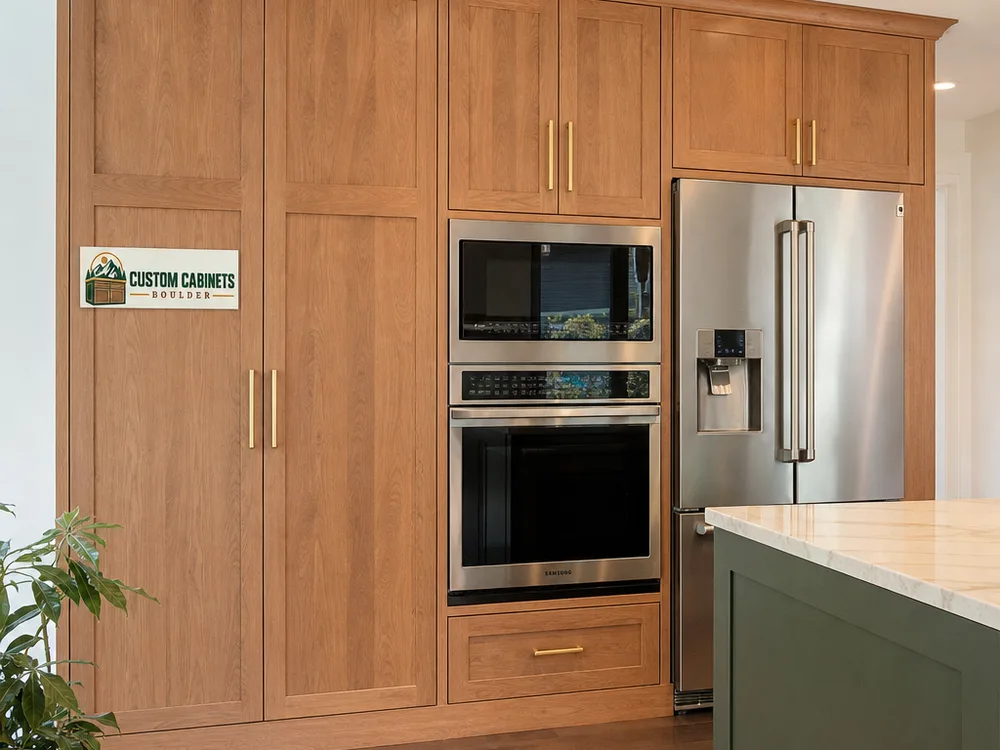 Installed kitchen wall of tall pantry cabinets with integrated appliance panels and consistent reveals