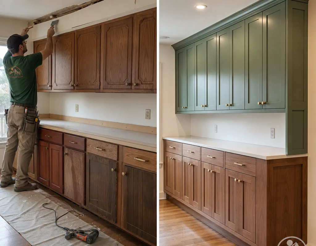 Before-and-after view of mismatched kitchen cabinets replaced by aligned upper and base cabinets with finished end panels