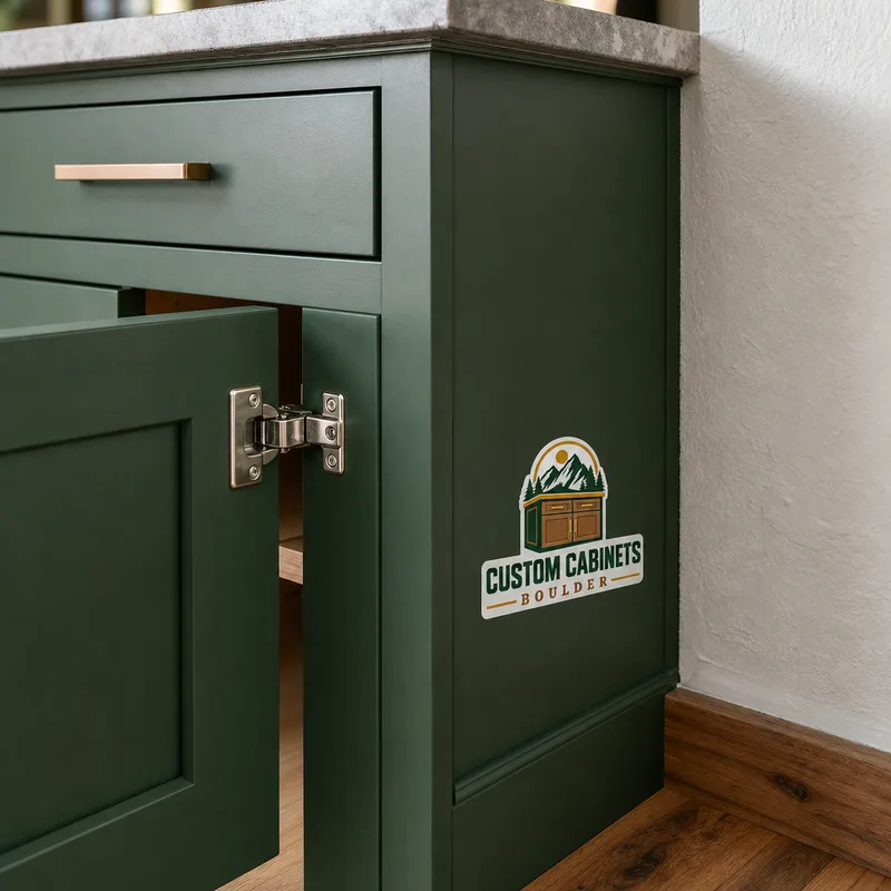 Aligned cabinet door and drawer reveals with a visible soft-close hinge and neatly scribed finished end panel