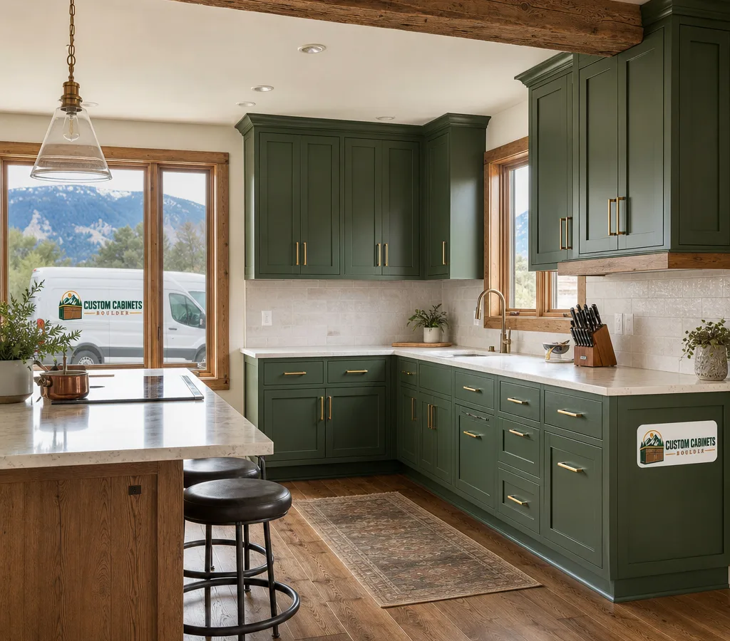 Well-lit Boulder kitchen with newly installed base and upper cabinets, aligned doors, tight reveals, and finished end panels