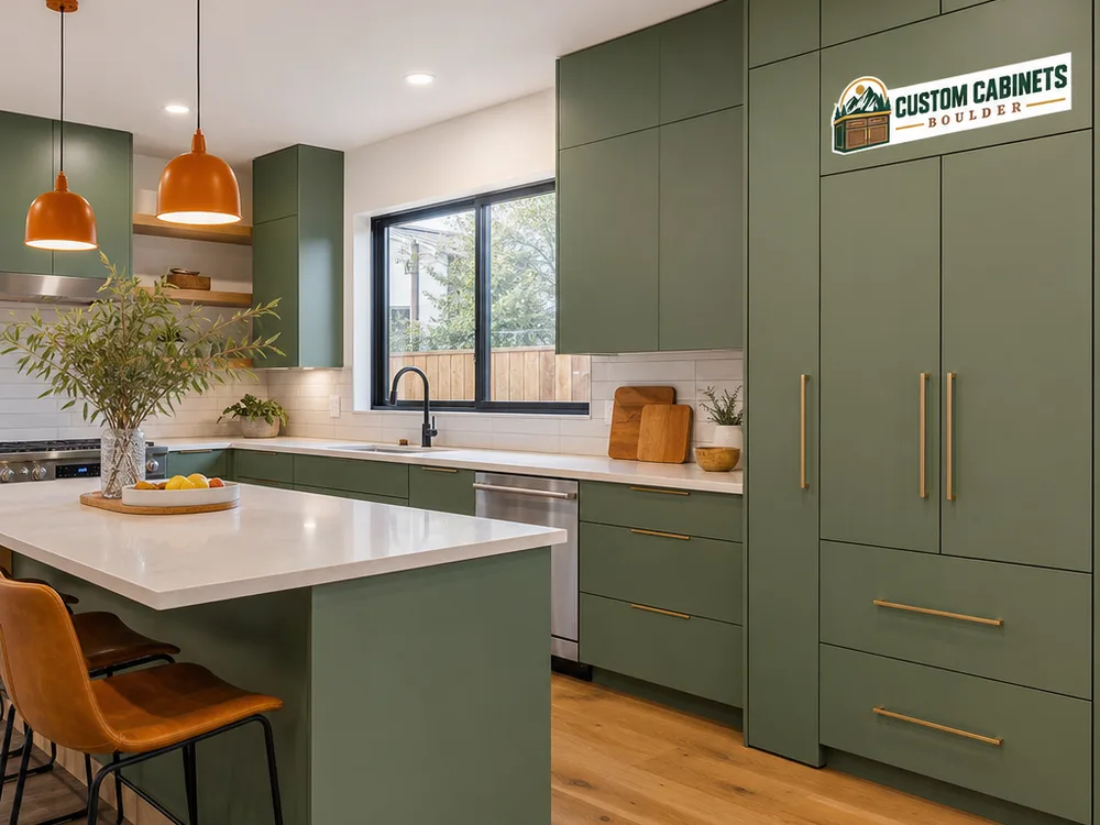 Modern kitchen with flat-panel slab cabinet fronts, minimalist pulls, tall pantry cabinetry, and crisp edges