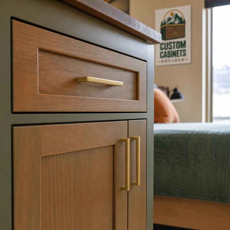 Close-up of a bedroom cabinet door and drawer front with consistent reveals and centered hardware