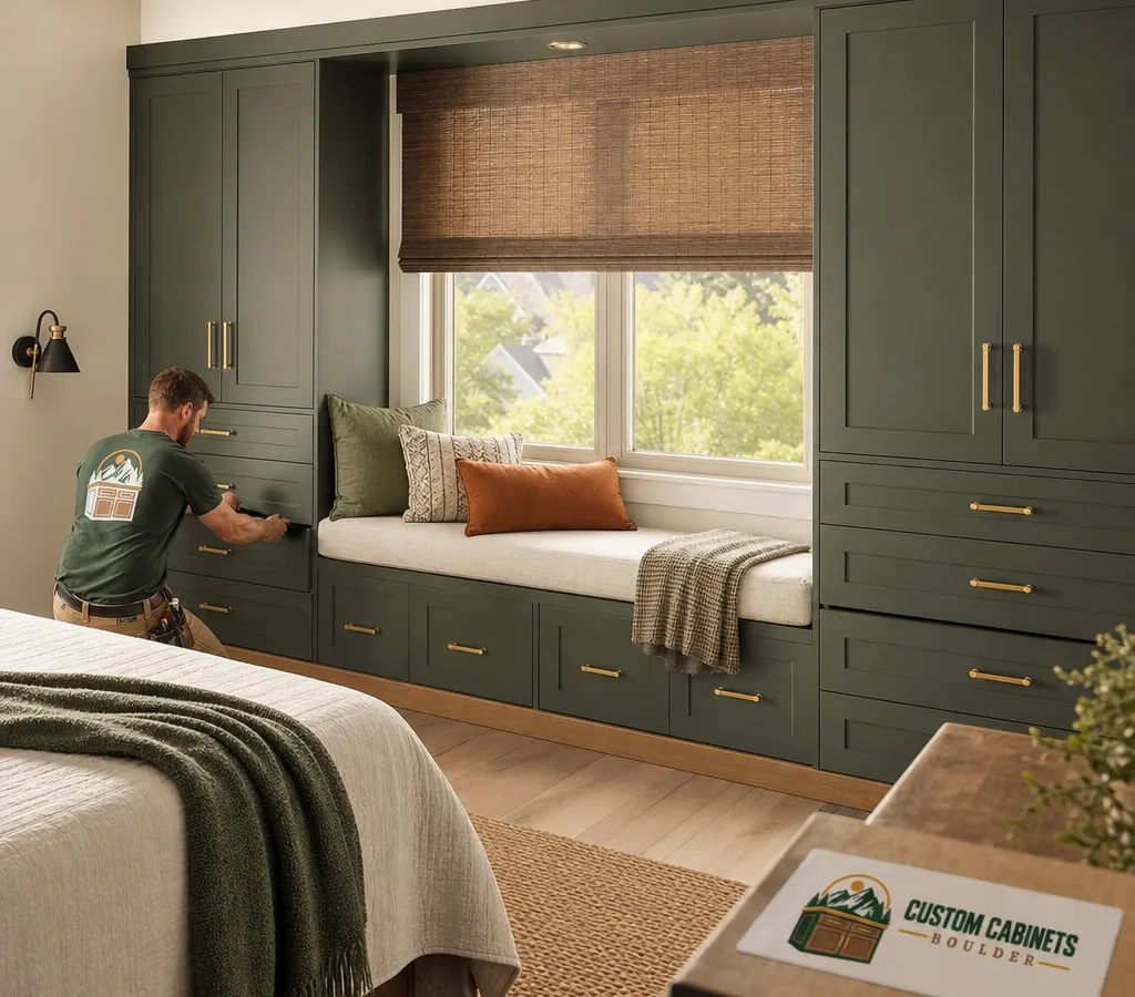 Bright Boulder bedroom with custom built-in cabinets and drawers flanking a window seat
