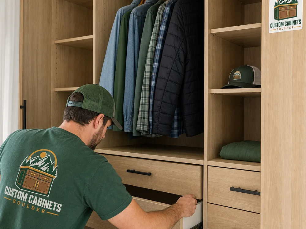 Custom bedroom wardrobe interior with drawers, adjustable shelves, hanging space, and soft-close hardware