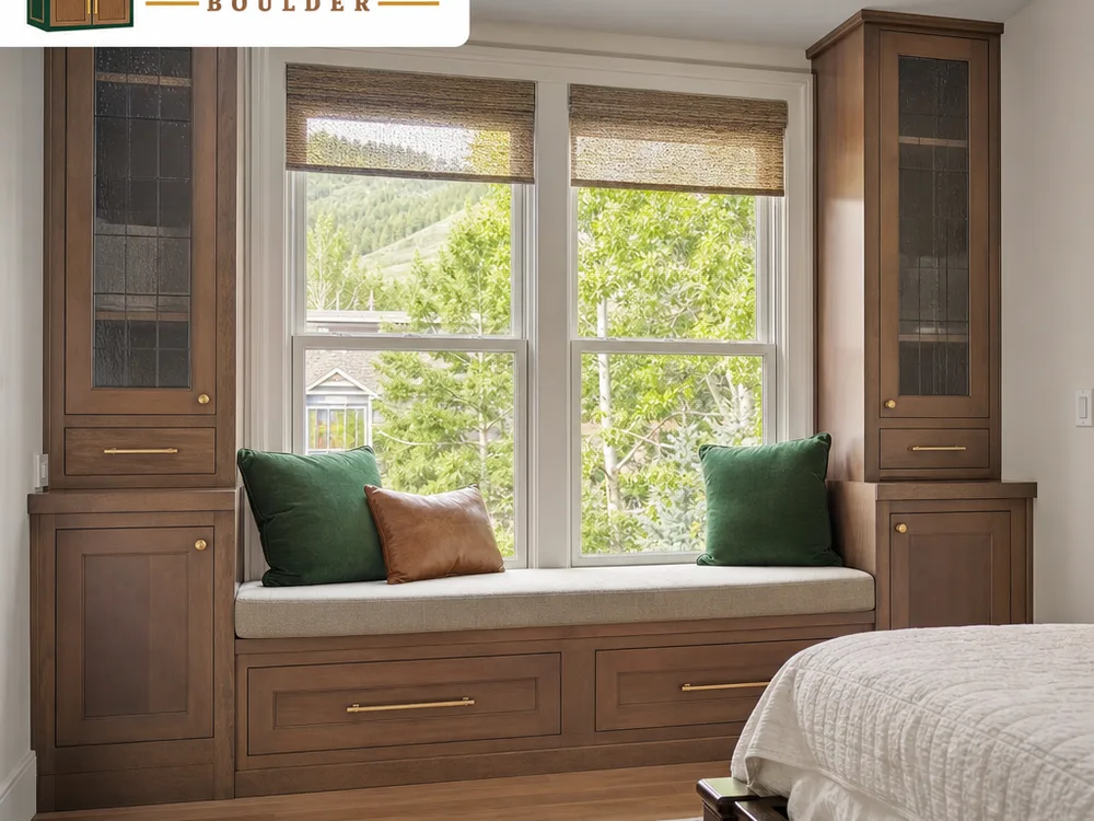 Custom bedroom window seat with two large drawers and matching side cabinets