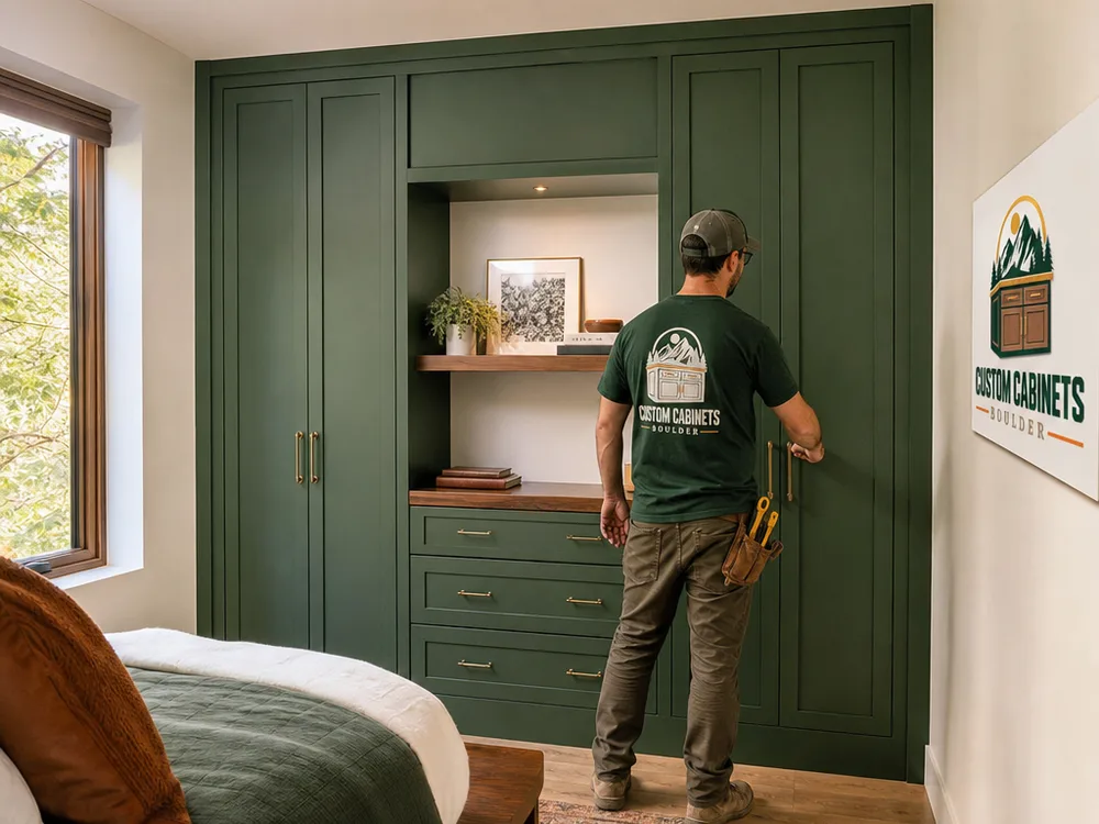 Painted built-in bedroom wardrobe wall with closed storage, an open niche, and lower drawers