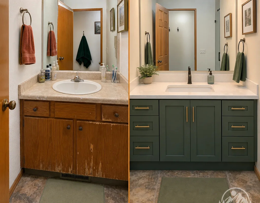 Before-and-after bathroom vanity replacement showing a custom cabinet fitted to the full wall width