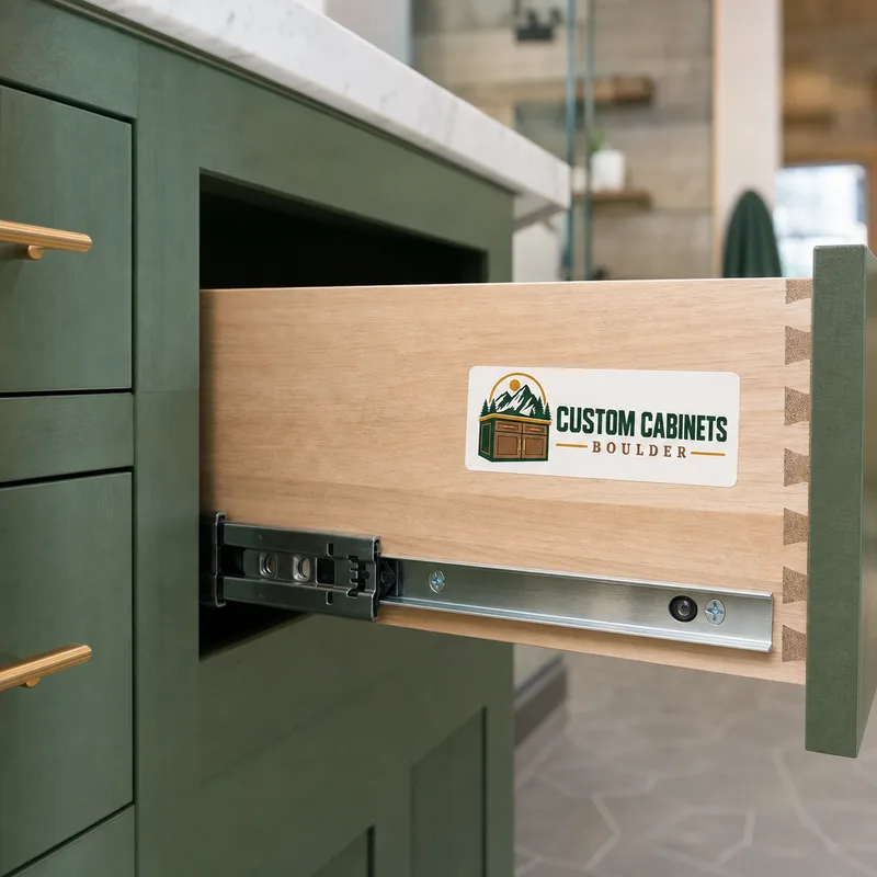 Close-up of a soft-close bathroom vanity drawer and full-extension slide