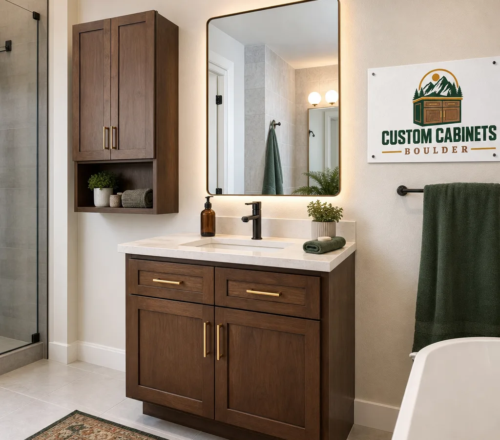 Finished Boulder bathroom with a custom vanity and matching wall cabinet fitted precisely around tile