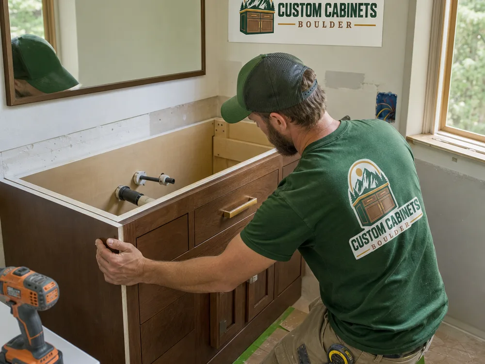 Installer scribing a custom bathroom vanity around an uneven wall and plumbing stub-outs