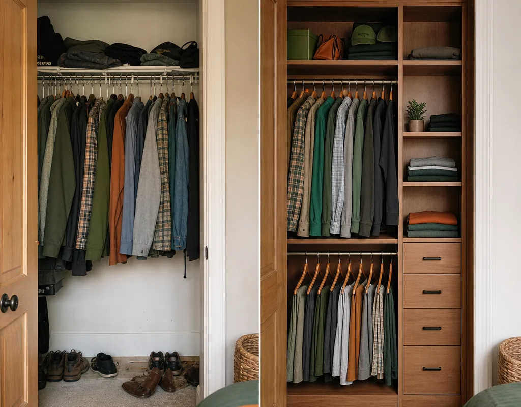 Before-and-after reach-in closet changing from a single rod and wire shelf to double-hang storage, drawers, and adjustable shelves