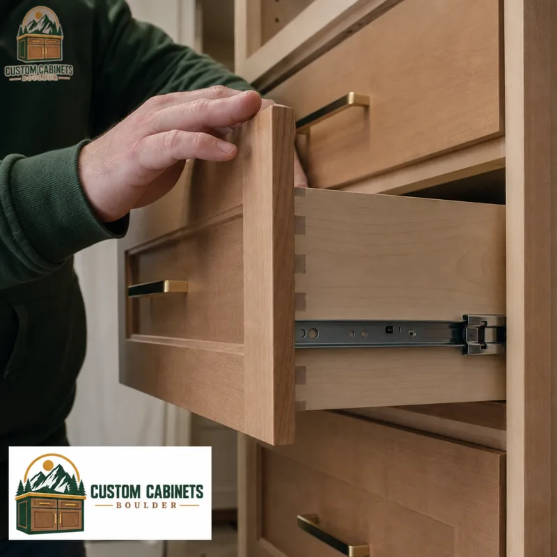 Close-up of a soft-close closet drawer with full-extension slides, aligned fronts, and durable edge-banding