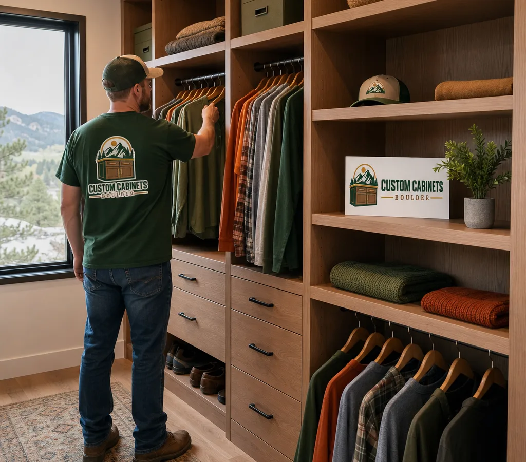 Bright Boulder walk-in closet with floor-to-ceiling natural wood cabinets, mixed hanging zones, drawers, and adjustable shelving