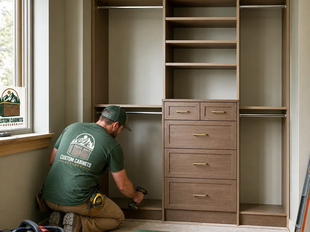 Reach-in bedroom closet installation with leveled cabinet boxes, centered drawers, hanging rods, toe-kick, and fillers ready for scribing