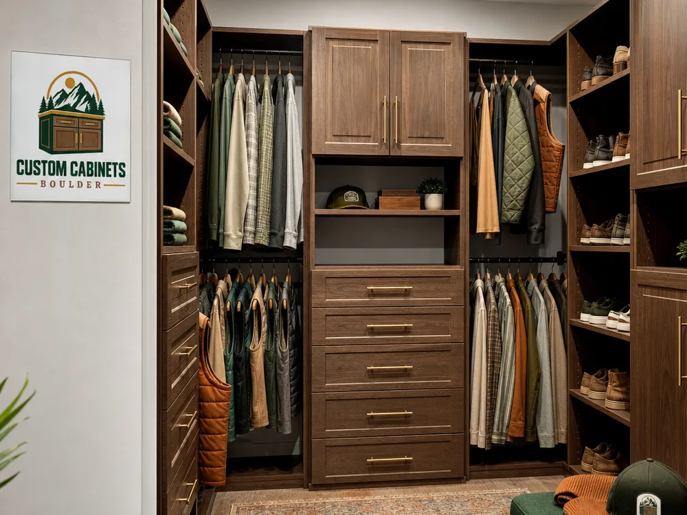 Walk-in closet with U-shaped cabinetry, dedicated long-hang and double-hang zones, and a center drawer tower