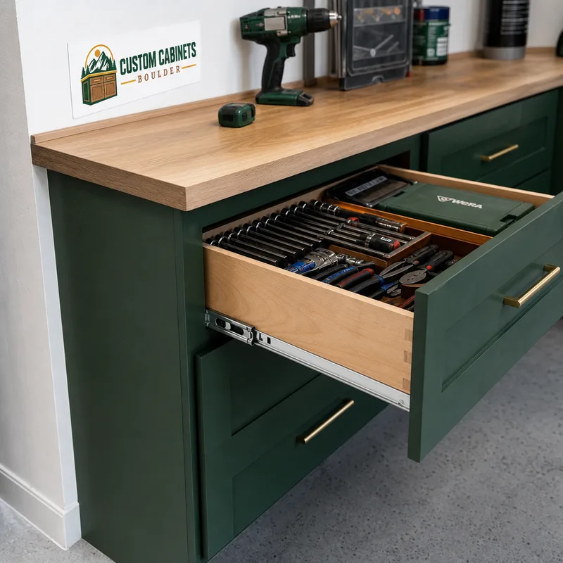 Level garage base cabinets with an open full-extension tool drawer, durable worktop, and clean wall scribe