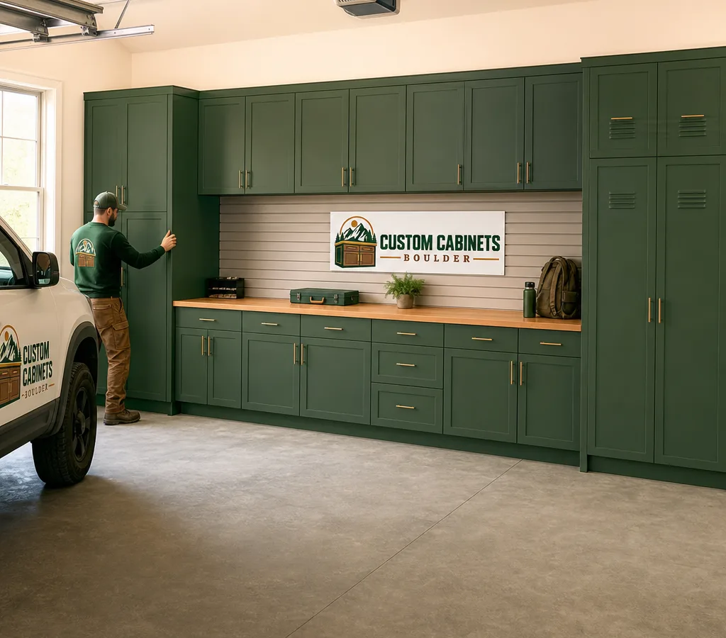 Wide Boulder-area garage with wall-to-wall custom cabinets, a continuous work surface, and tall locker-style storage