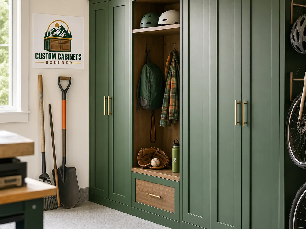 Tall locker-style garage cabinets for sports gear and yard tools with open cubbies for helmets and gloves