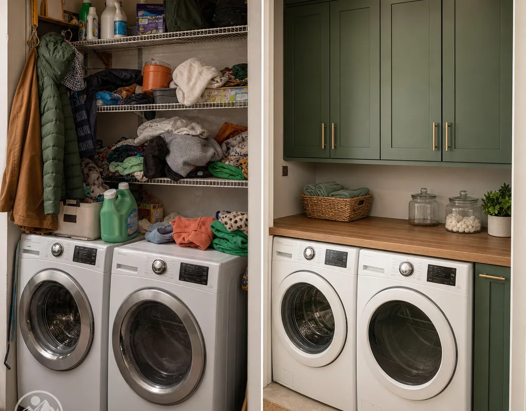 Before-and-after comparison of a cluttered laundry nook transformed with fitted cabinets, uppers, and a finished counter over the machines