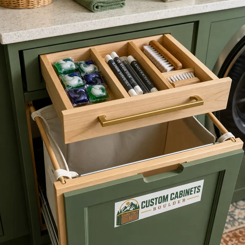 Pull-out hamper drawer and divided organizer drawer for laundry pods, stain sticks, and brushes