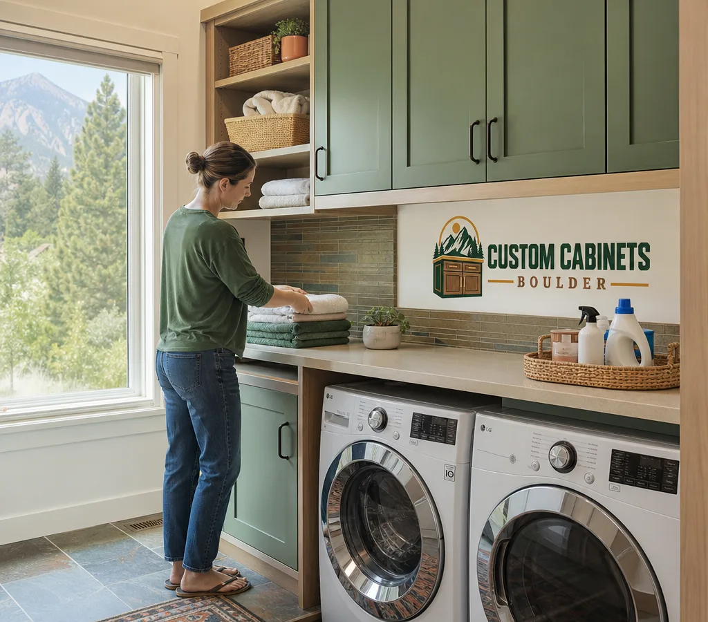 Bright Boulder-area laundry room with built-in custom cabinets, a folding counter over front-load machines, and closed storage for detergents and cleaning supplies