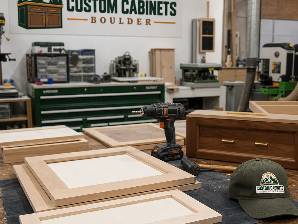 Cabinet shop workbench with doors, drawer fronts, face frames, and woodworking tools